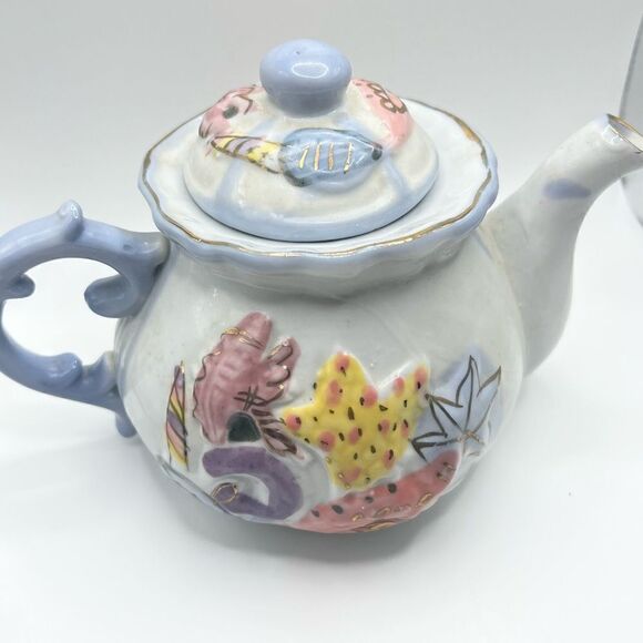 Seashell Ceramic Teapot Pastel Colors and Gold Accents - Picture 3 of 12